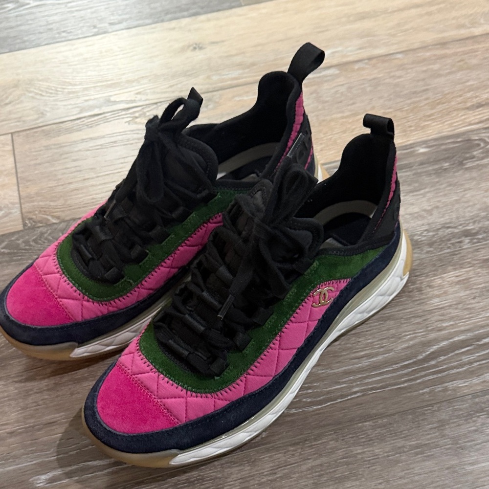 Chanel Pink, Green, Navy and Black Suede Sneakers